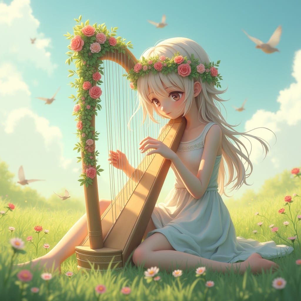 Serene Girl Plays Harp in a Sun-Kissed Meadow with Flora and...
