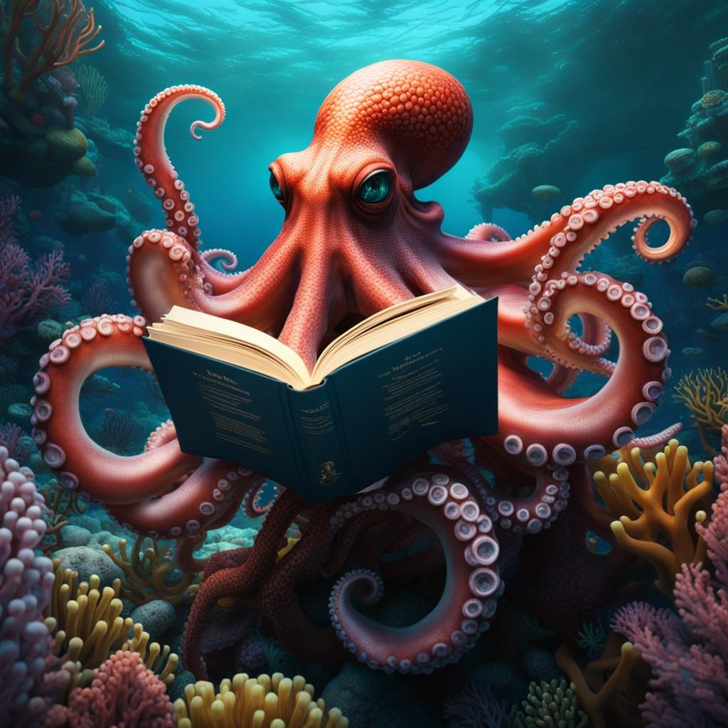 Octopus Reads Book and Drinks Wine Underwater