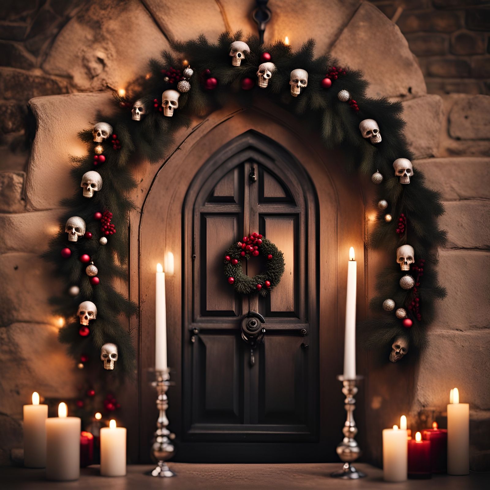 Gothic Christmas Wreath on Medieval Doorway