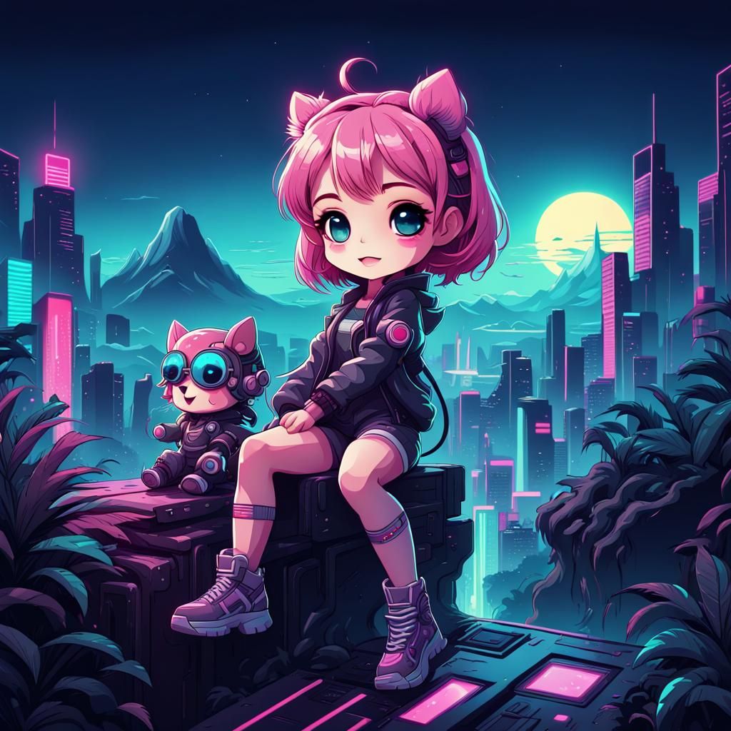 Chibi Character with Synthwave Neon Retro Graphics