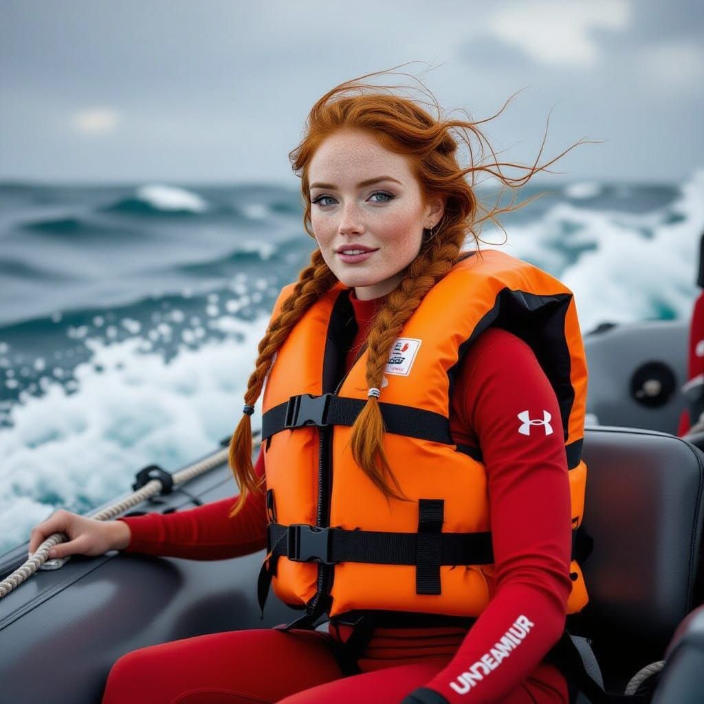 Ginger-Haired Woman on RIB Boat Ride in Rough Seas