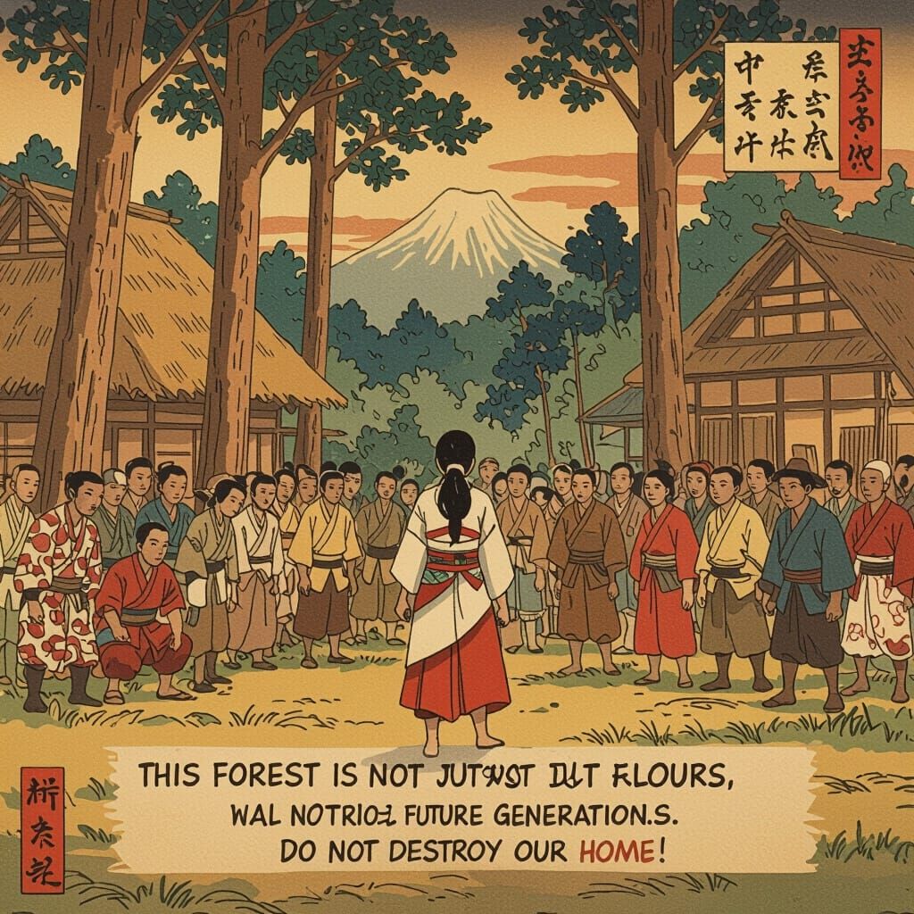 Ukiyo-e Style Village Confronts Loggers, Protecting Forest