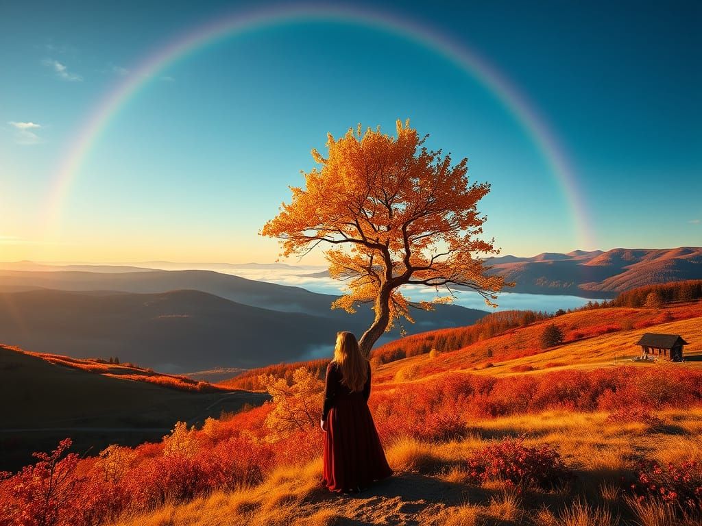 A breathtaking photorealistic landscape during golden hour, showing a sweeping view of rolling autumn hills with vivid r...