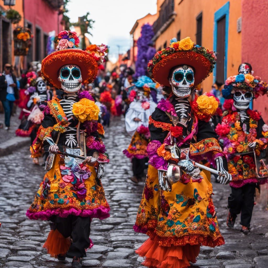 colorful Día de los Muertos  parade on a small cobblestone street in san miguel de allende