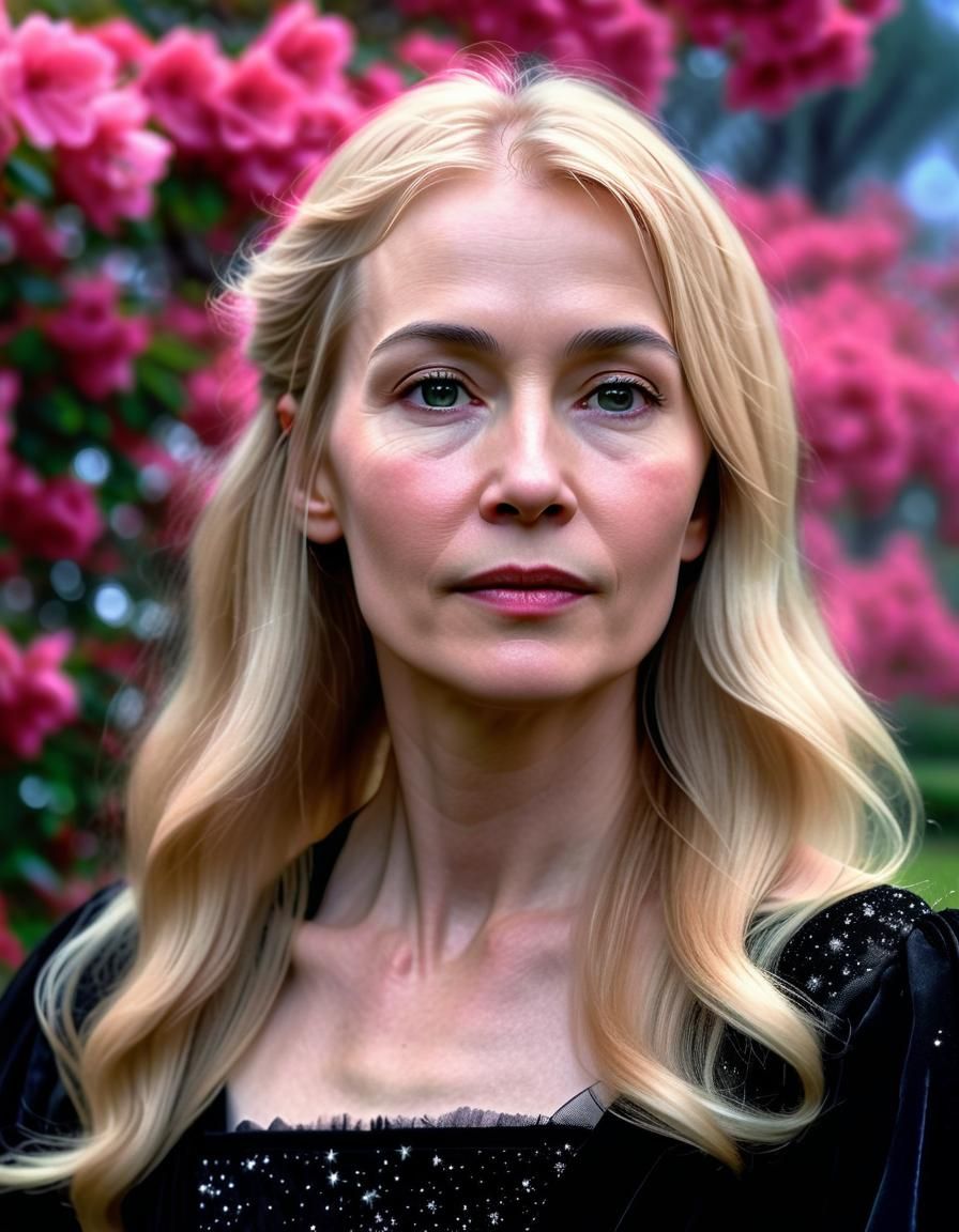 Angelic Woman Emerges from Darkness in Starry Garden