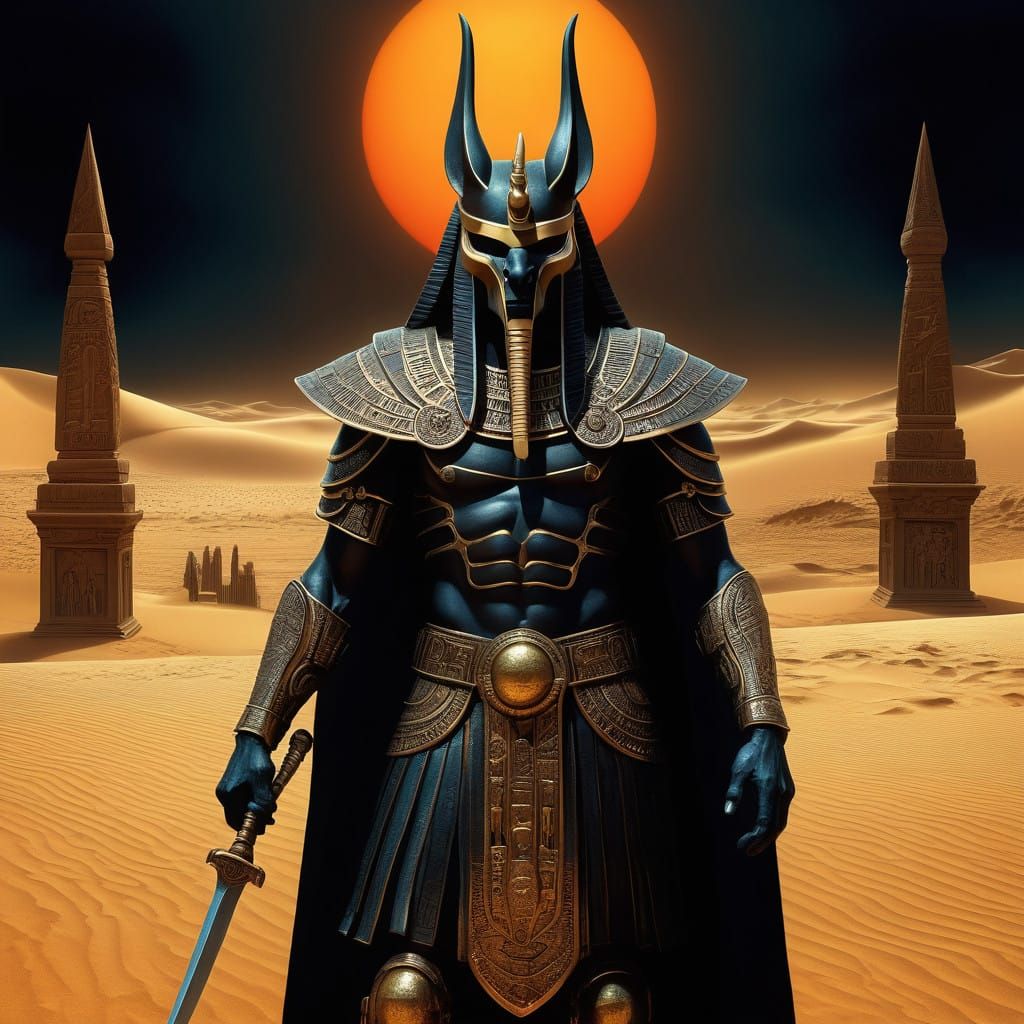 Ancient Egyptian God Anubis Wields Dual Death Blades in Gold...