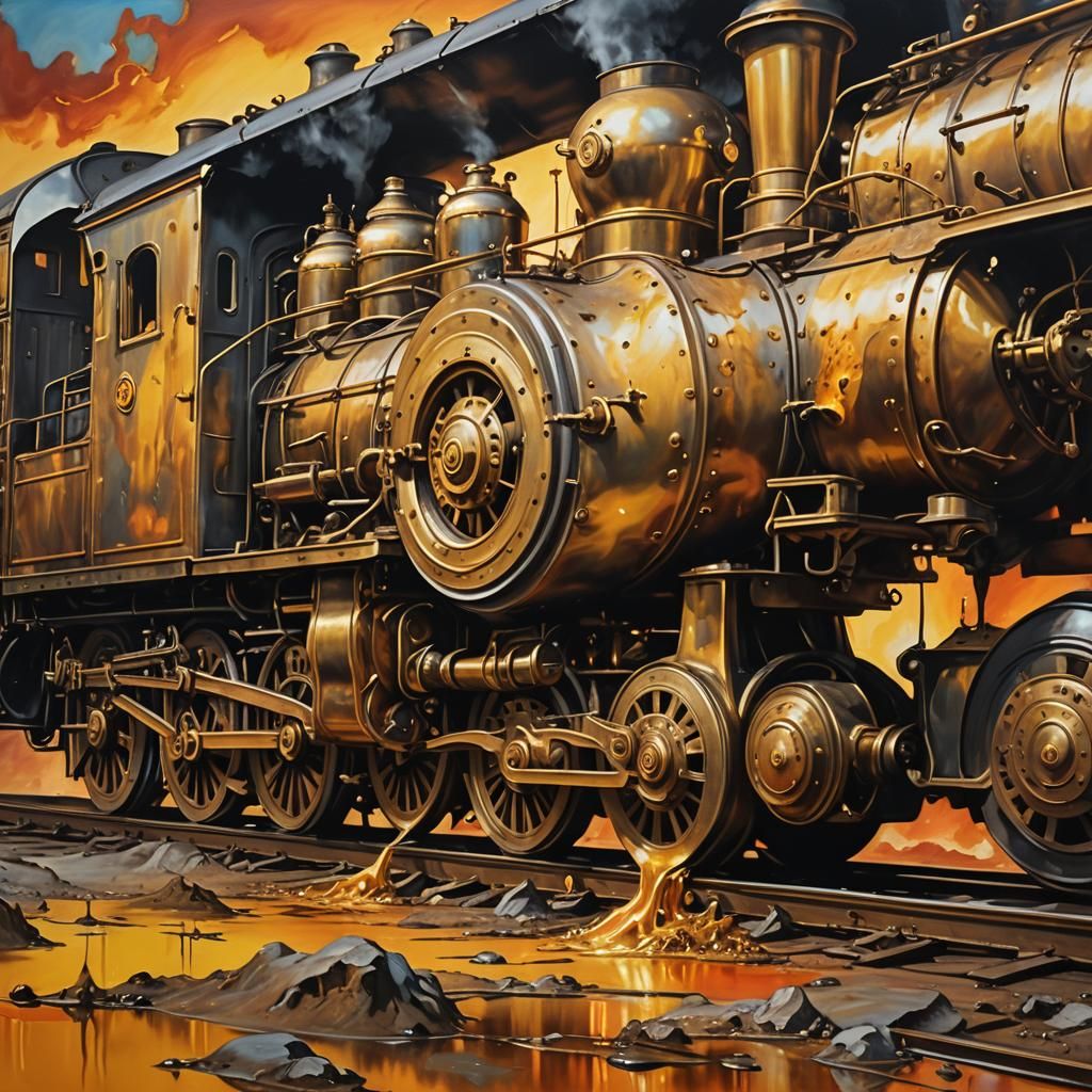 Melting Steam Locomotive in Surreal Oil Painting