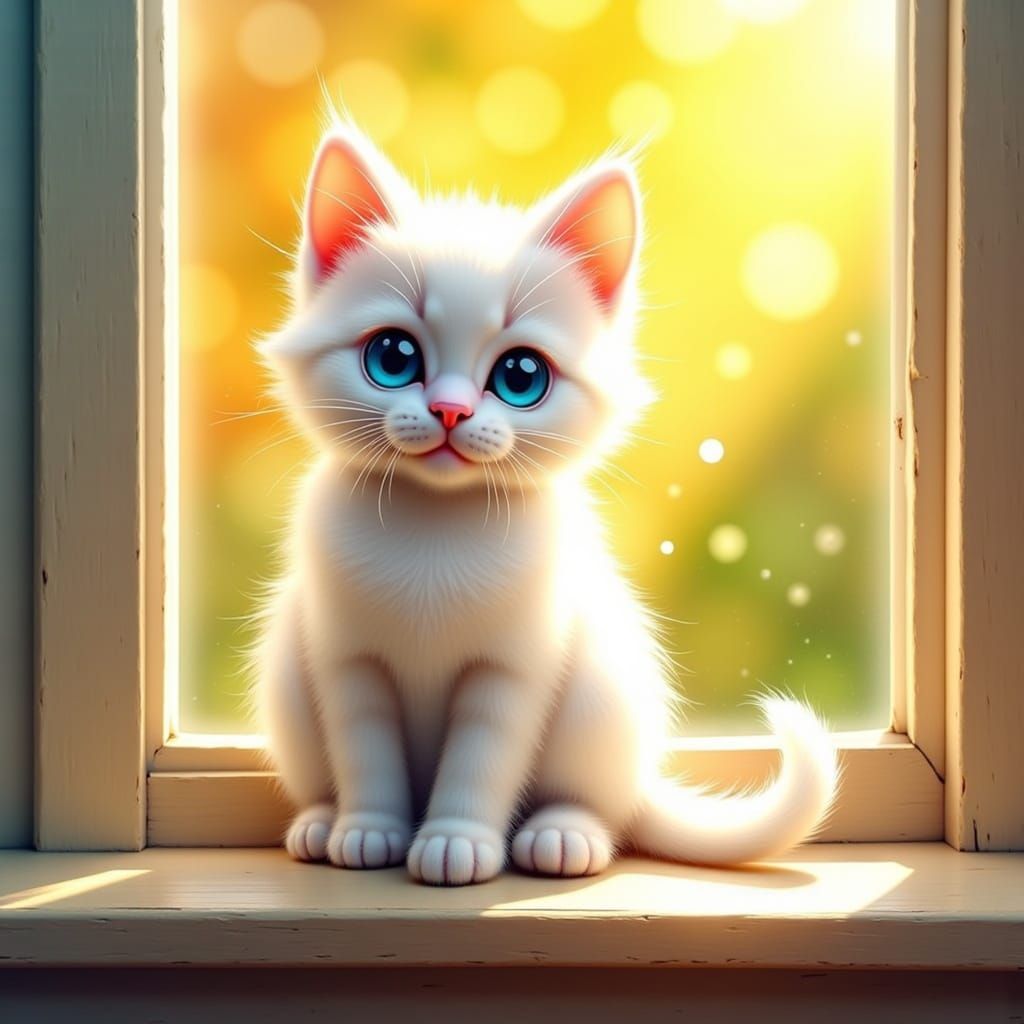 Cute Fluffy Kitten Plays in Sunlit Window