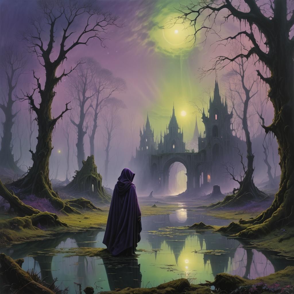 Mystical Swamp Ruins: Eerie Surrealism in Oil Painting