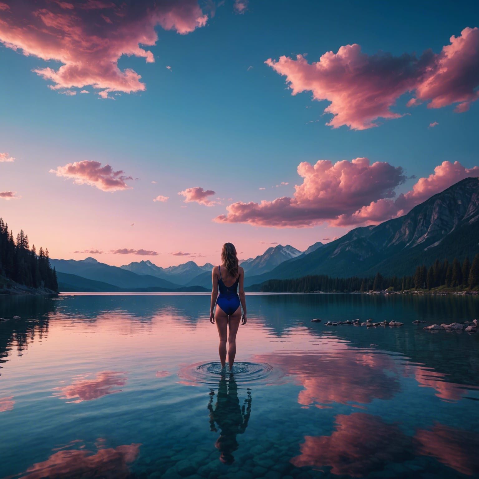 Alpine Lake Sunset: Girl Bathes in Blue Waters