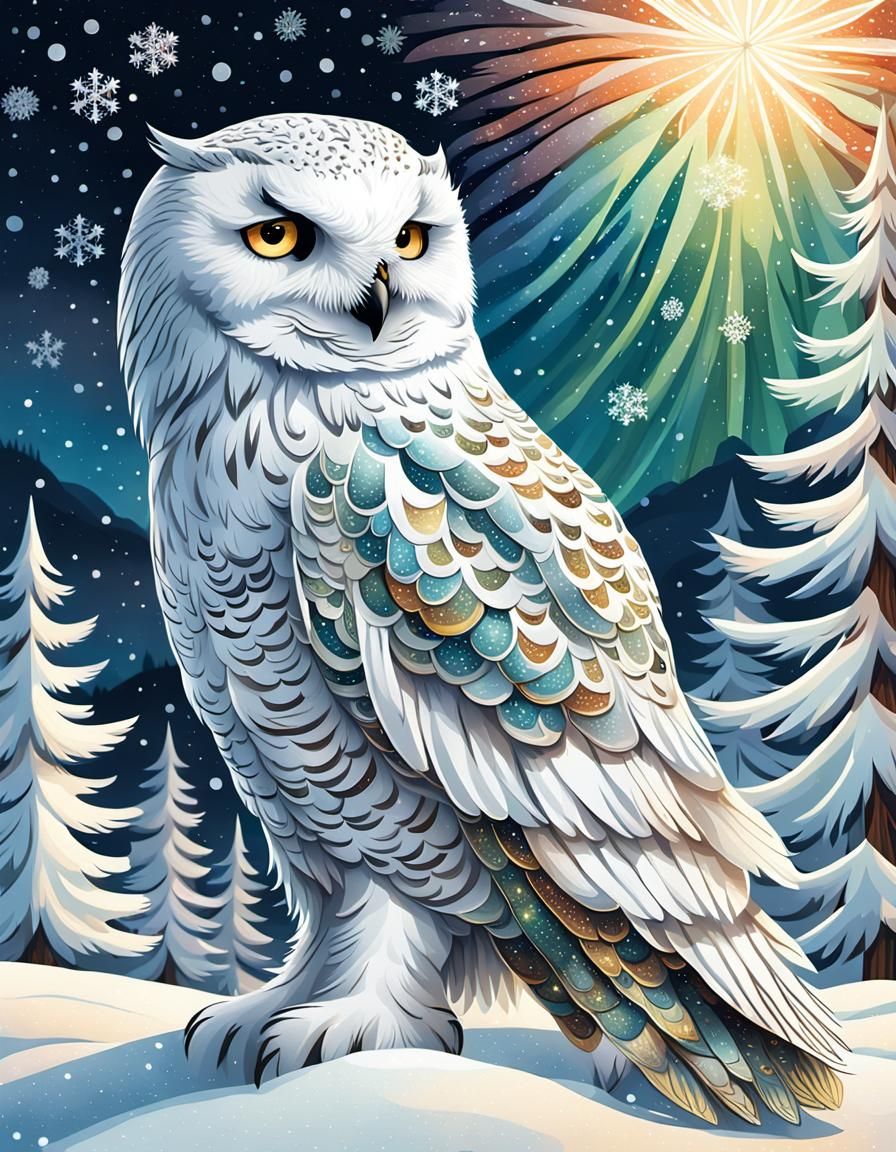Snowy Owl in Winter Wonderland, William Morris Style