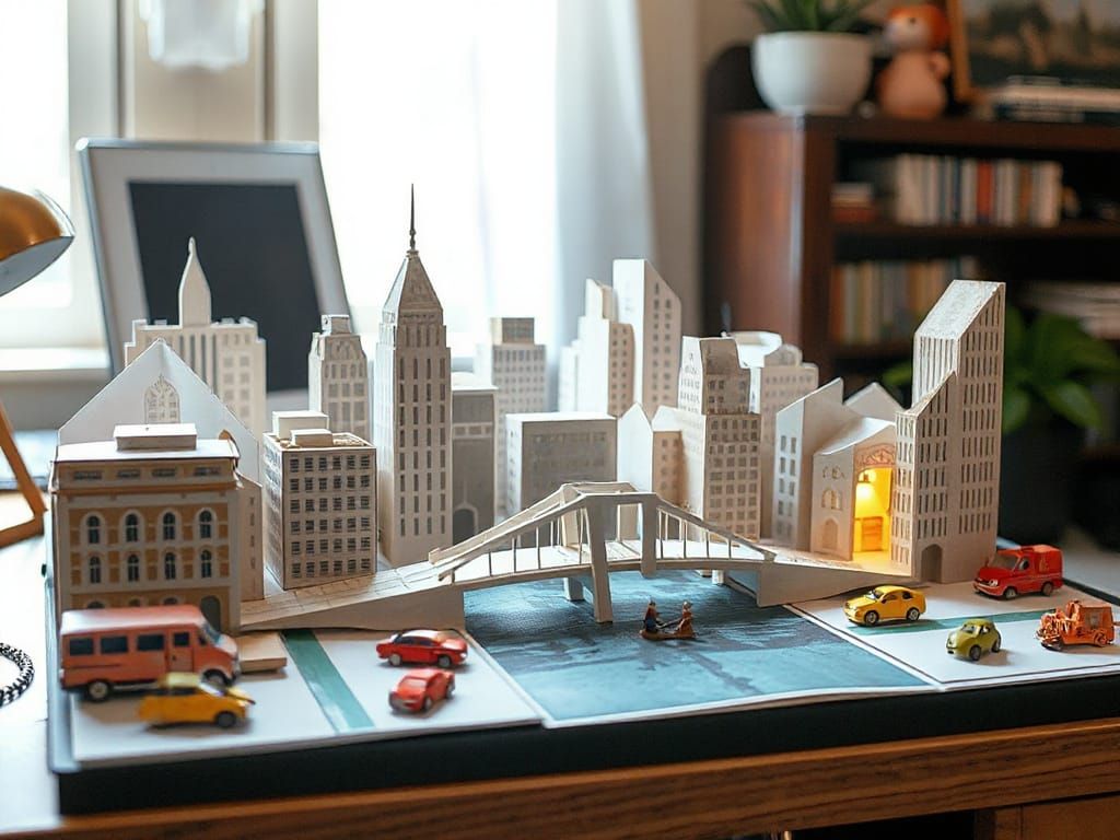 Whimsical Paper Cityscape with Tiny Folded Buildings