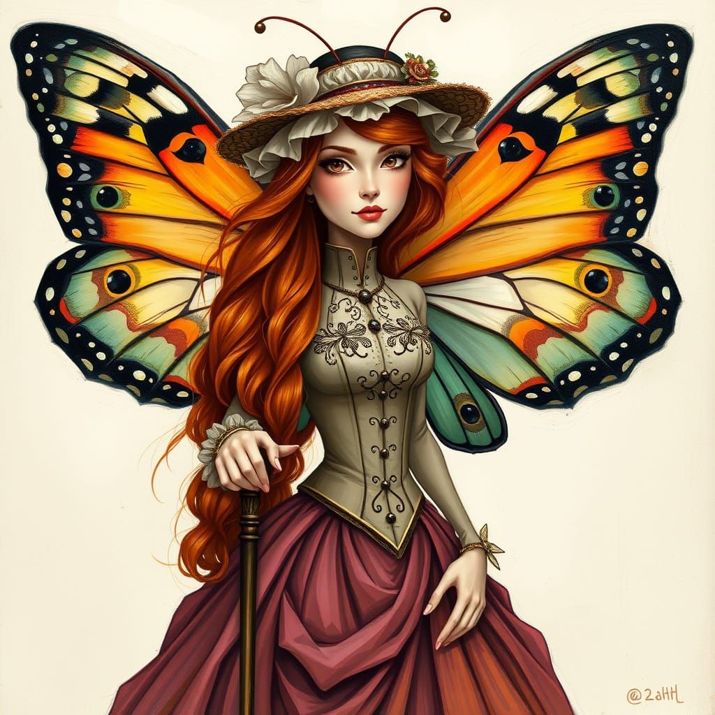 Redhead in Victorian Butterfly Gown with Wing Hat