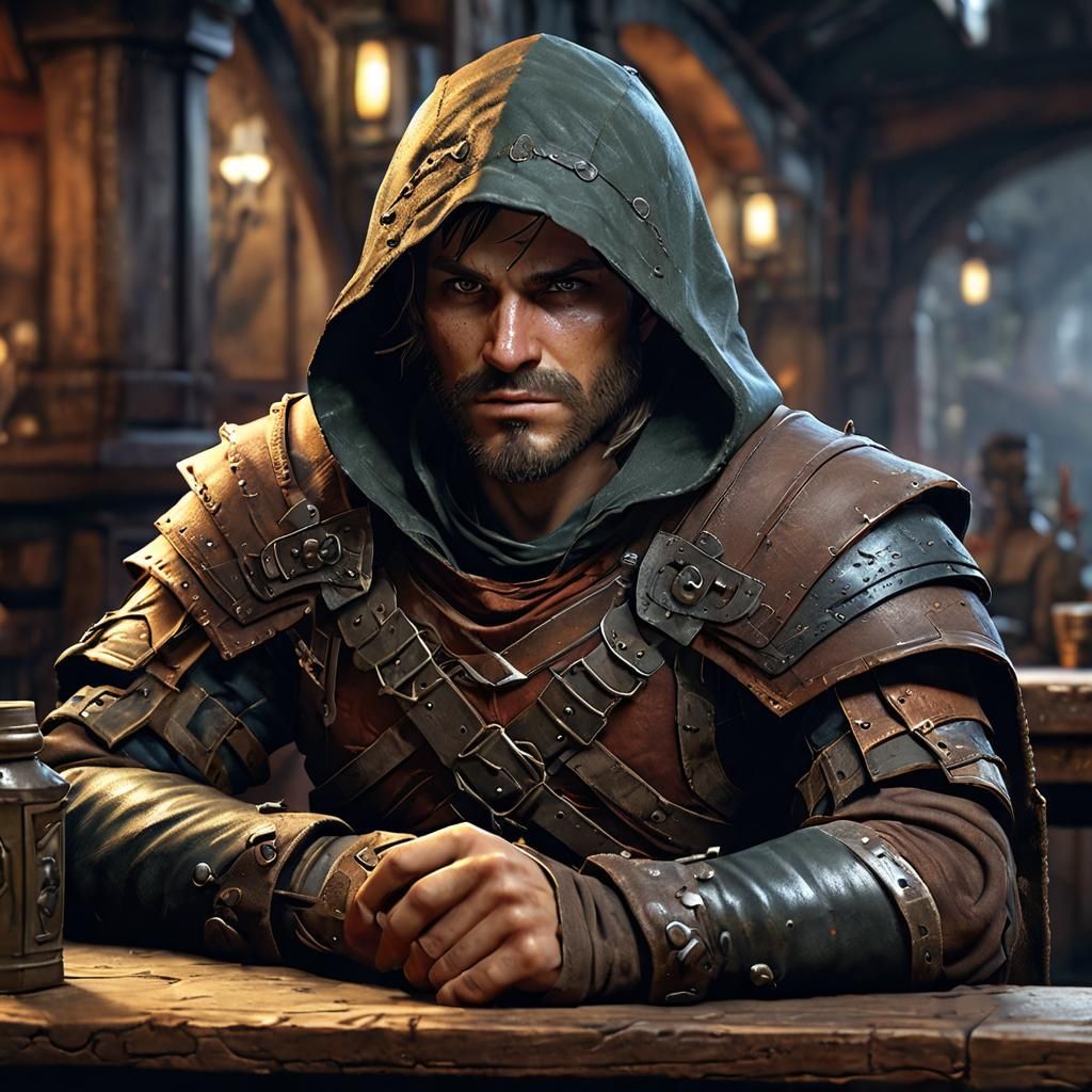 Hooded Ranger in Tavern Corner: Fantasy Concept Art