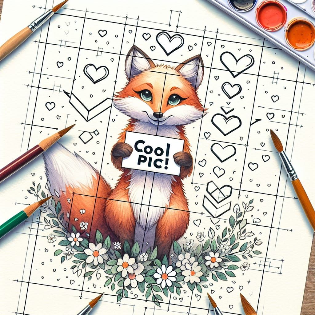 Watercolor Fox Holding 'Cool Pic!' Sign