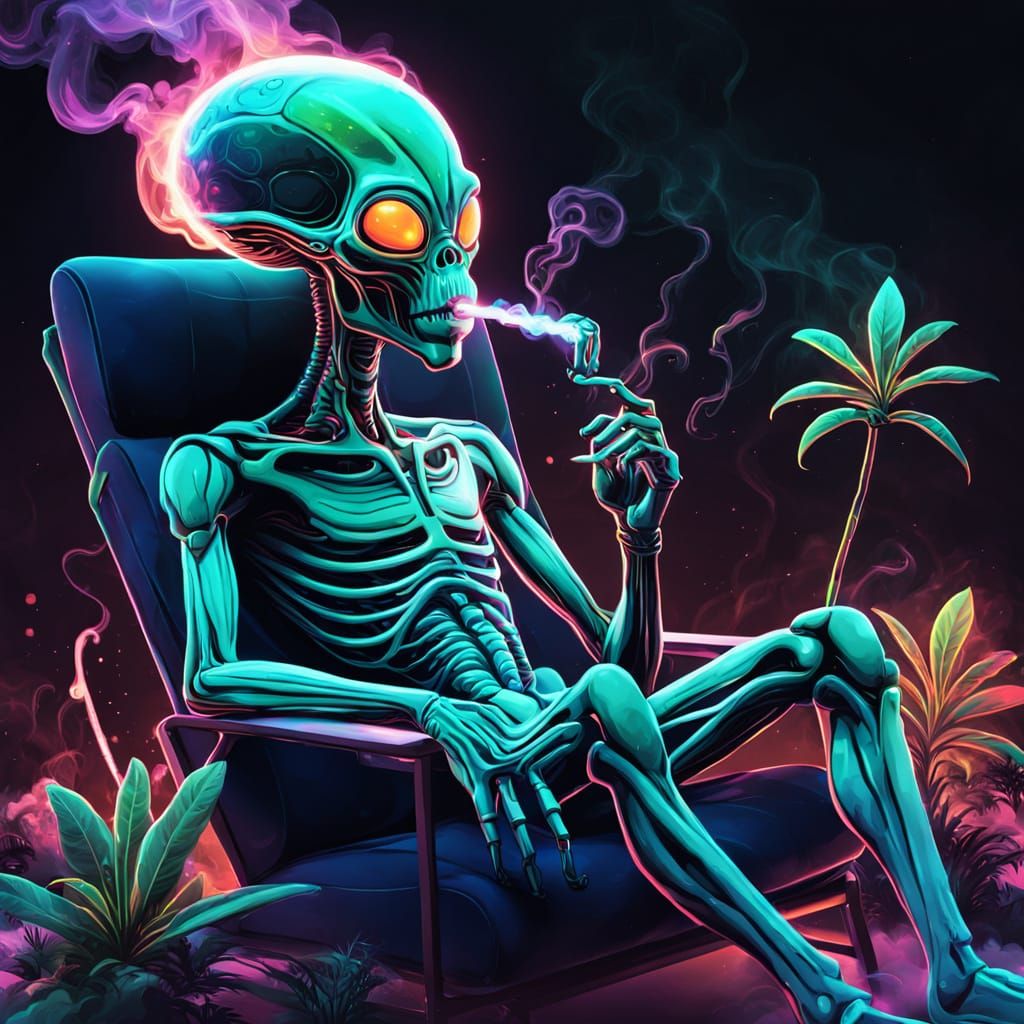 Alien Smokes Blunt in Pop Surrealism Vector Art