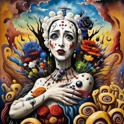 Surreal Boy Amidst Anguish and Joy, in Gouache Style