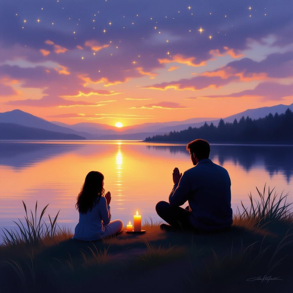 Peaceful Twilight Landscape with Praying Figure