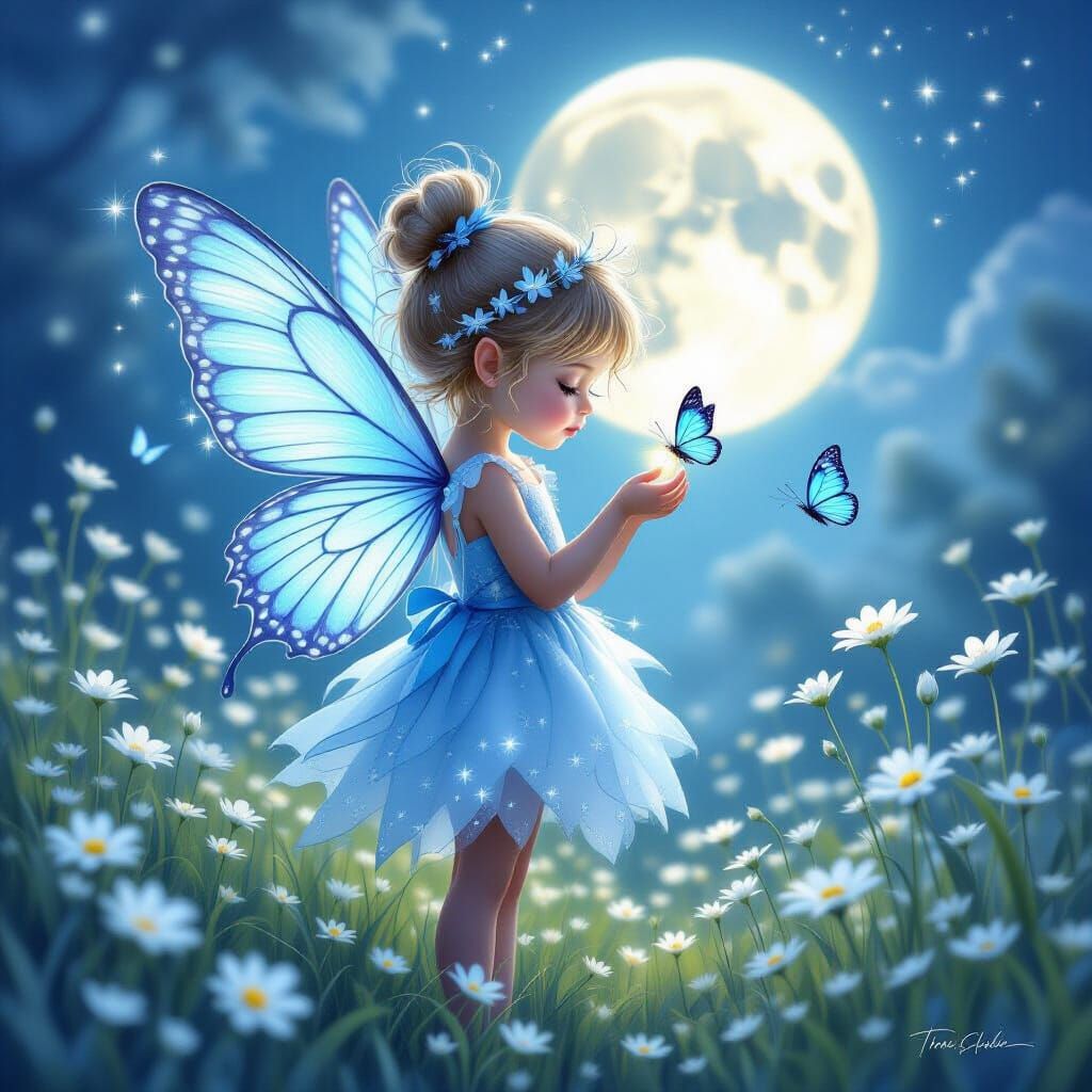 Whimsical Fairy Child with Butterfly Wings in Moonlit Meadow