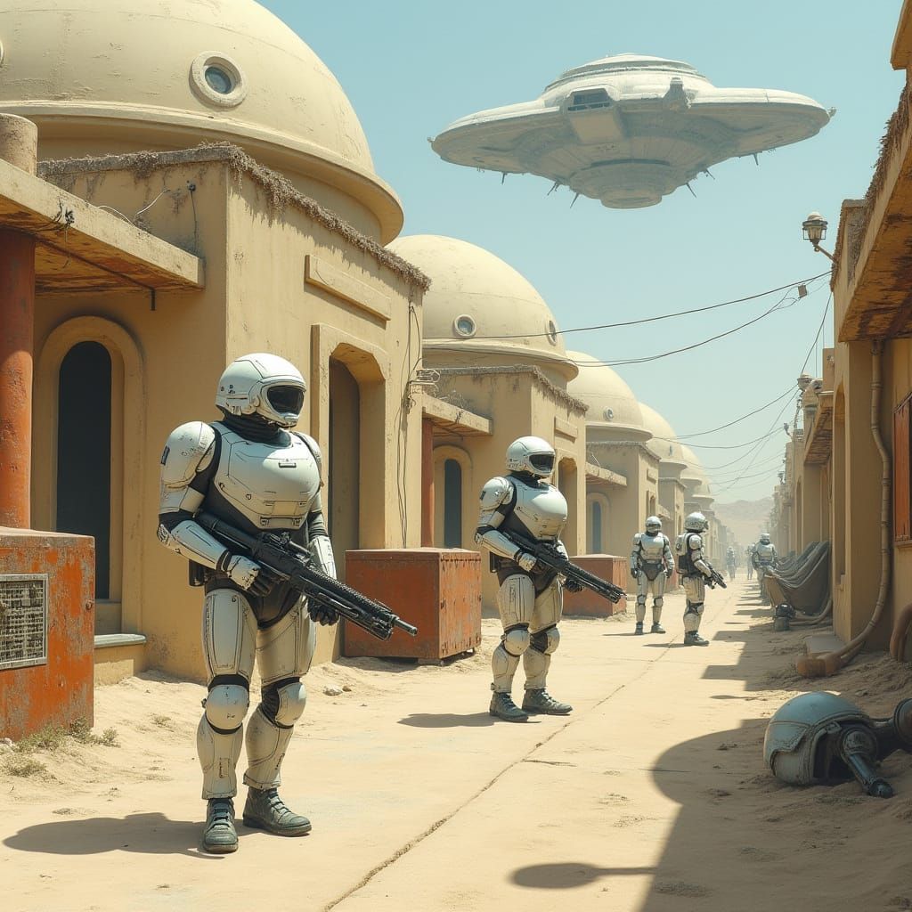 Humans Stand Guard in Futuristic Sandstone Cityscape