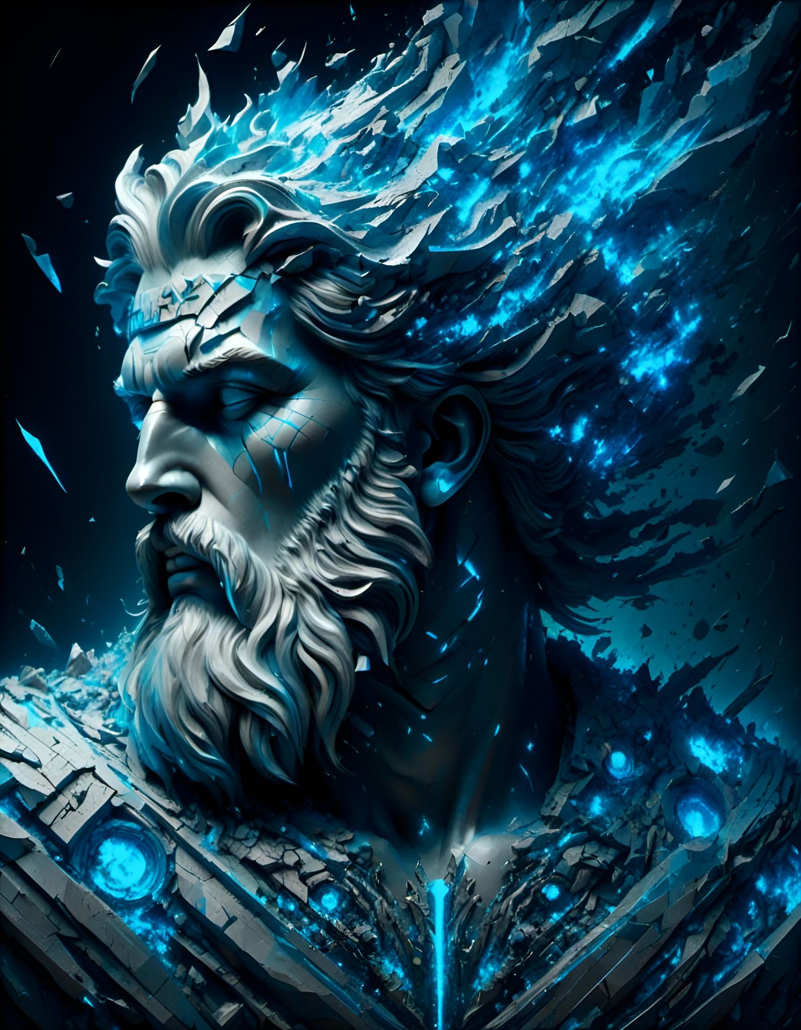 Zeus Marble Sculpture in Cubist Style with Runes