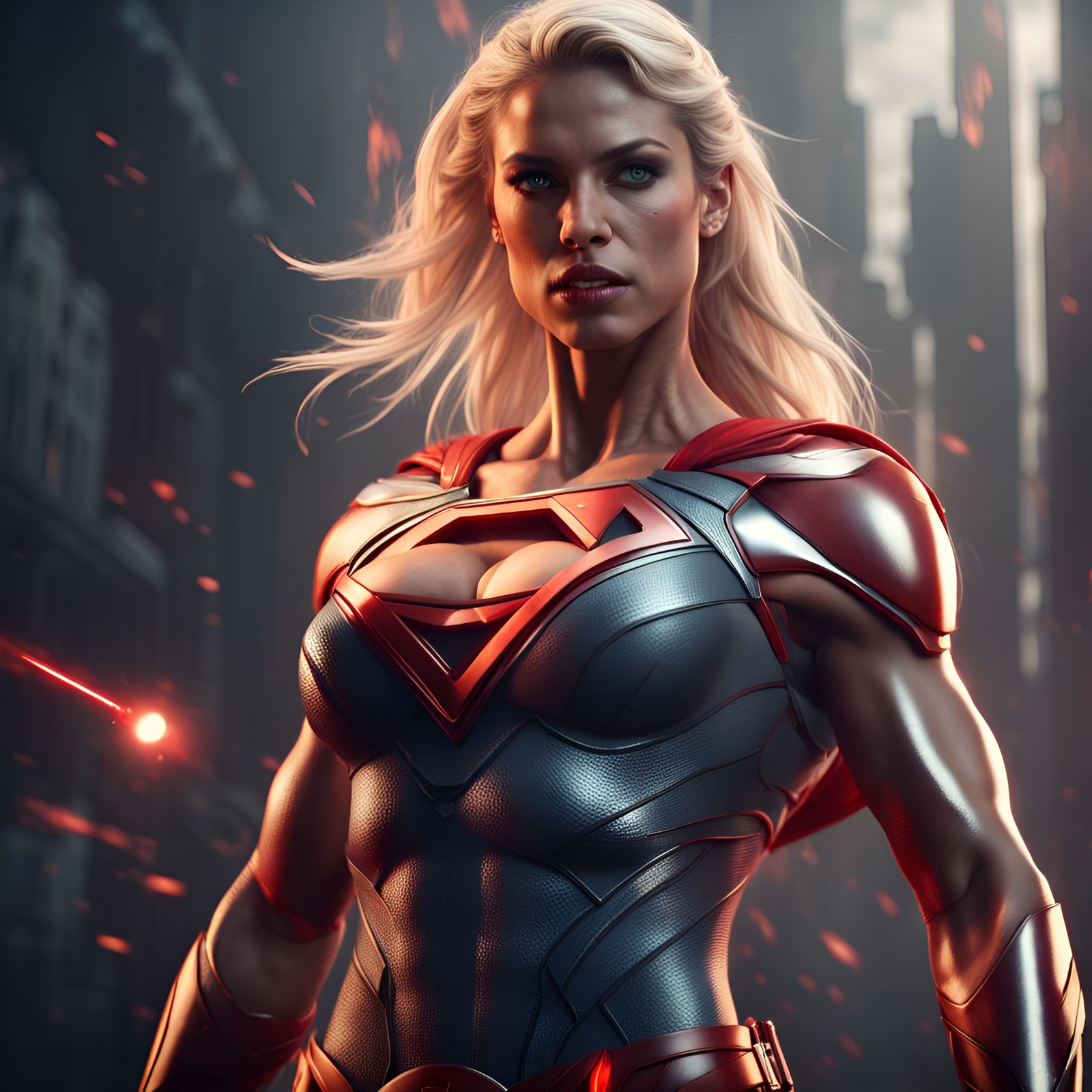 Muscular Blonde Superwoman Shoots Laser Beams