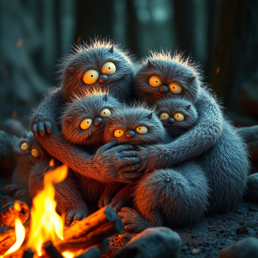 Cuddly Monsters Gather Around a Flickering Campfire in a Vib...