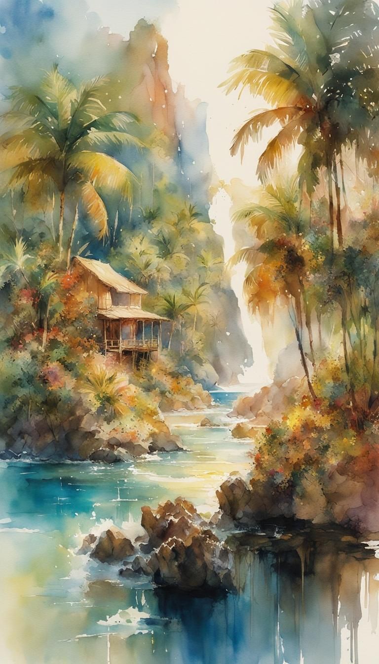 Watercolor Island Oasis at Golden Hour