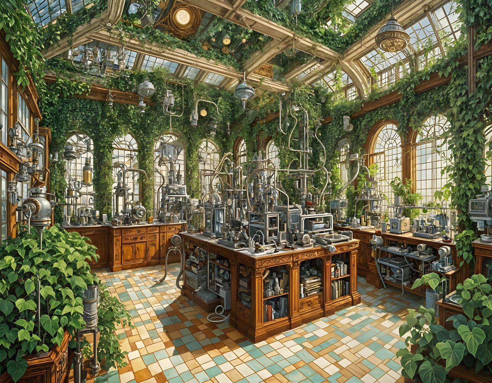 Intricate Victorian Botanical Laboratory as Gouache