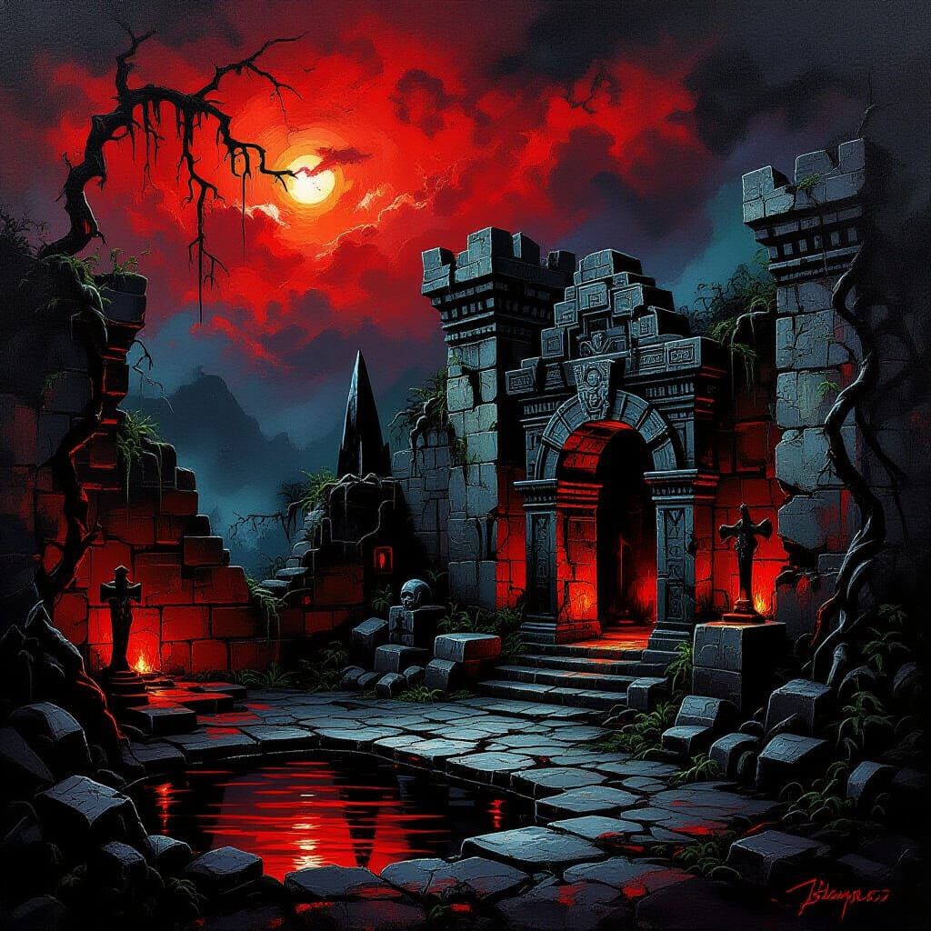 Sinister Jungle Ruin Hideout in Afremov Style