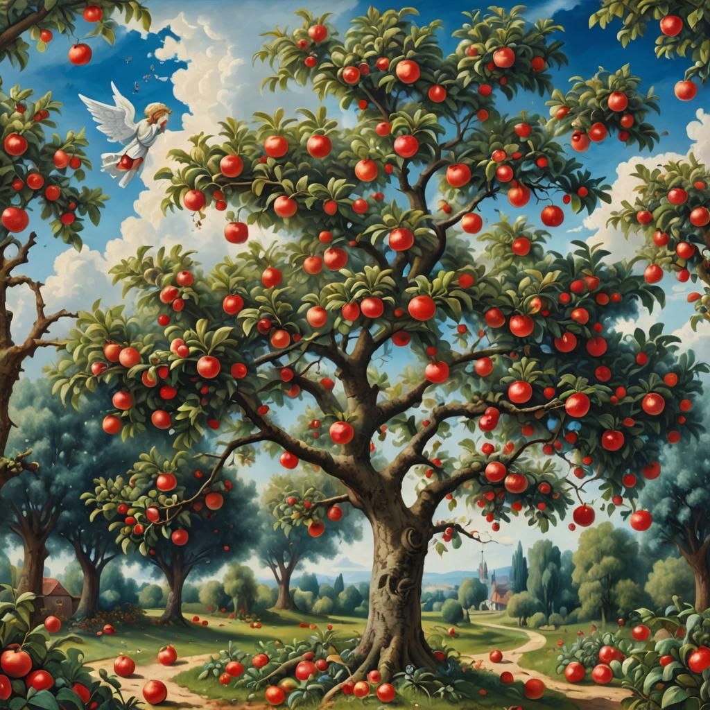 a large apple tree with ripe red apples in a paradise garden...