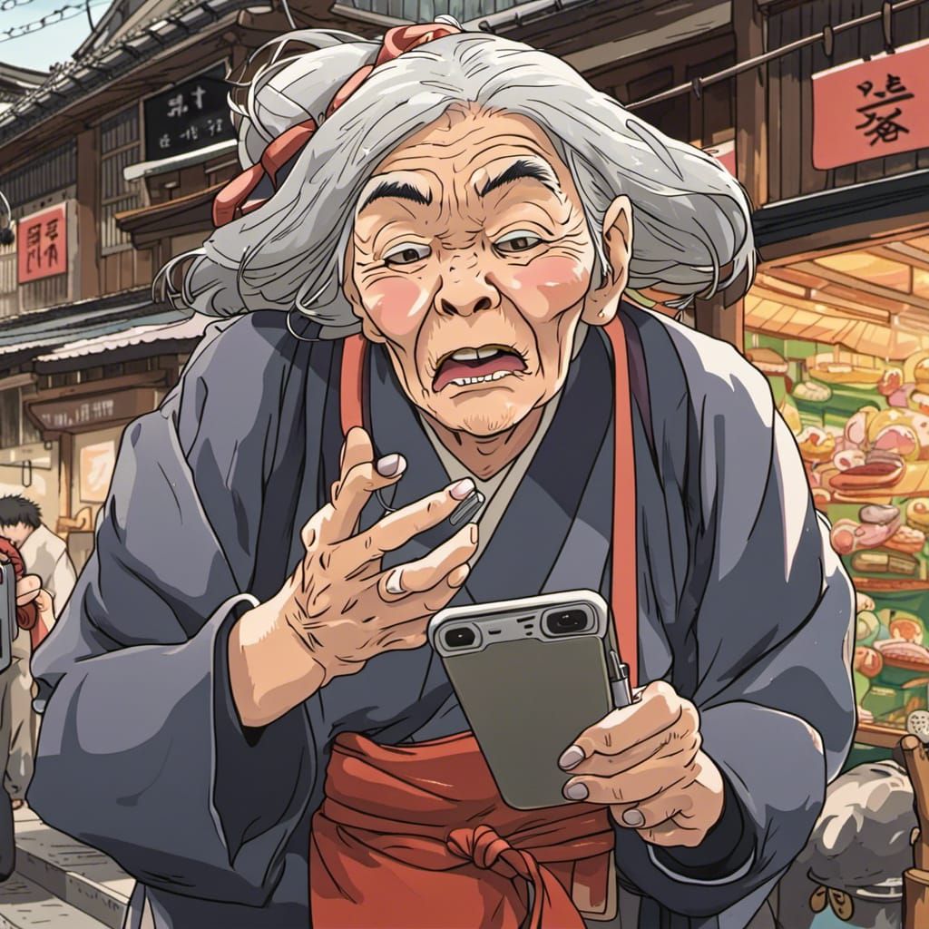 Anime Old Woman's Angry Call in Kyoto Market