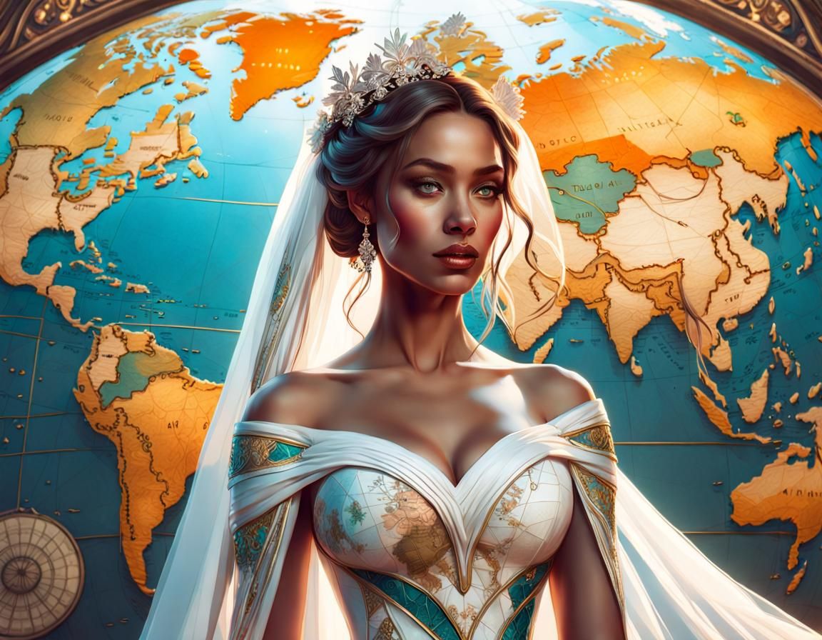 Bride in World Map Dress: Hyperdetailed Art Portrait
