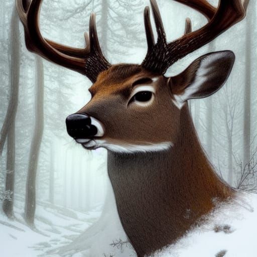 high quality deer in a snowy forest on a foggy day