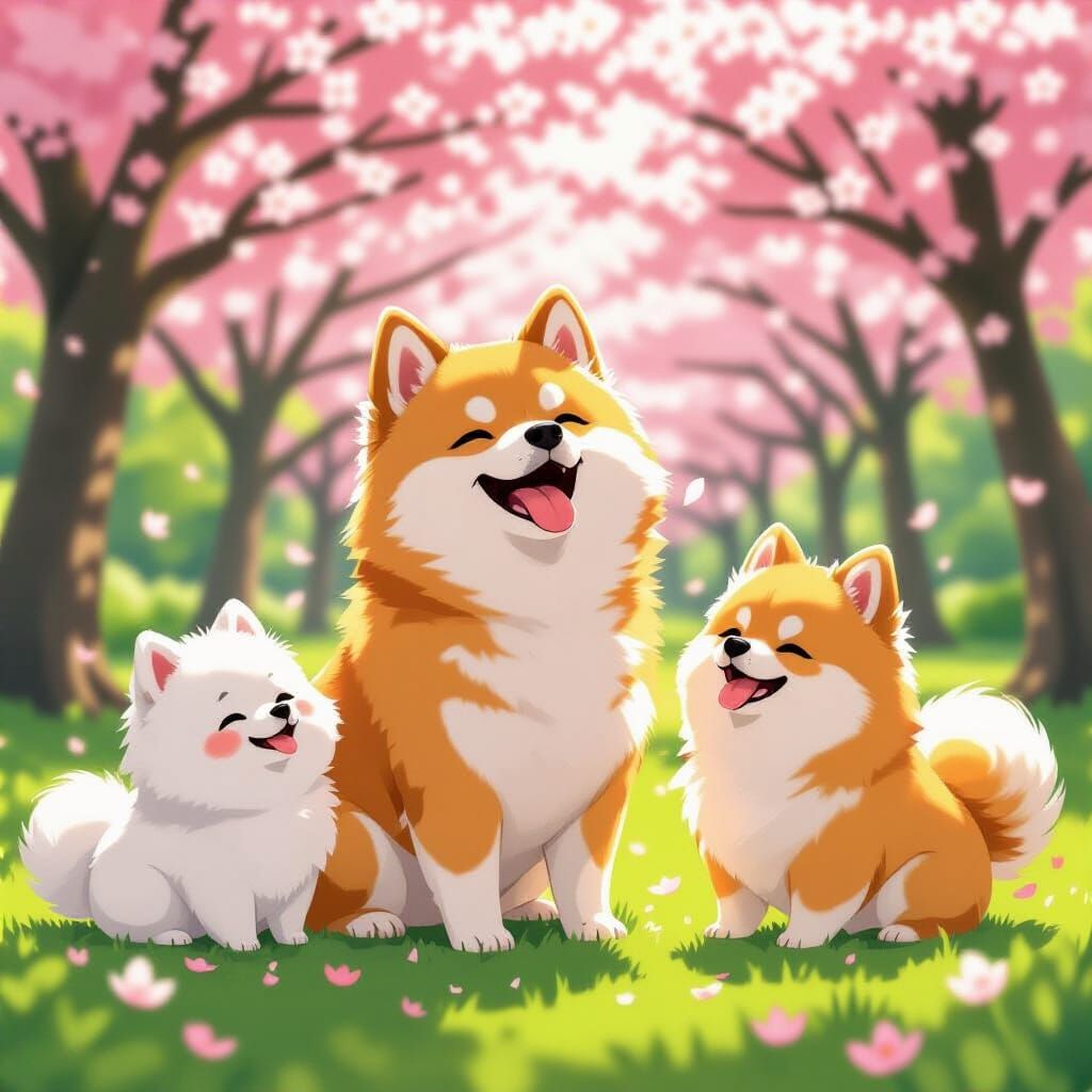 Joyful Shibainu Sings with Pomeranians in Cherry Blossom Par...