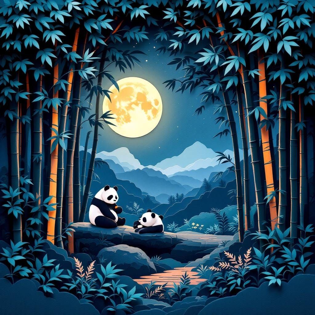 Enchanted Bamboo Forest Papercut with Origami Pandas