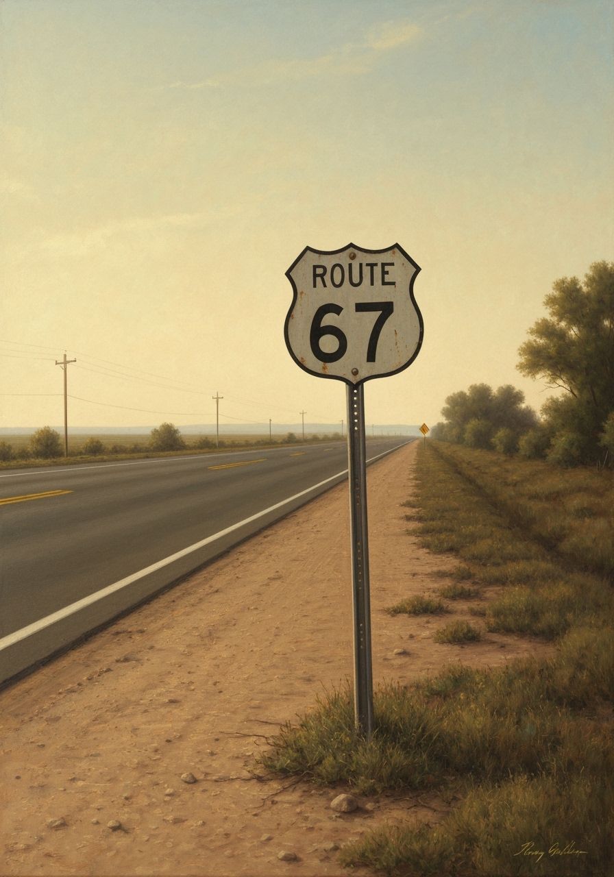 Vintage US Route 67 Sign in 1950s Oil Painting Style