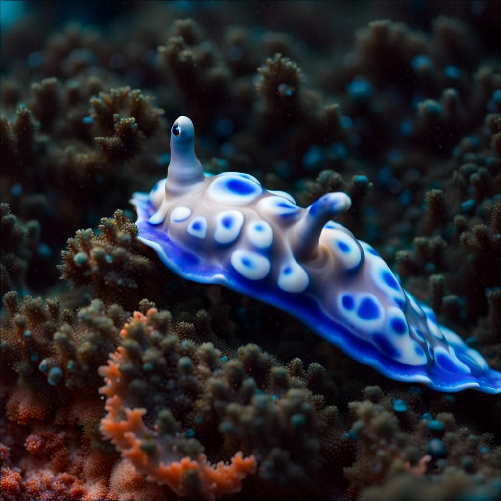 Turquoise Sea Slug with Transparent Shell on Coral