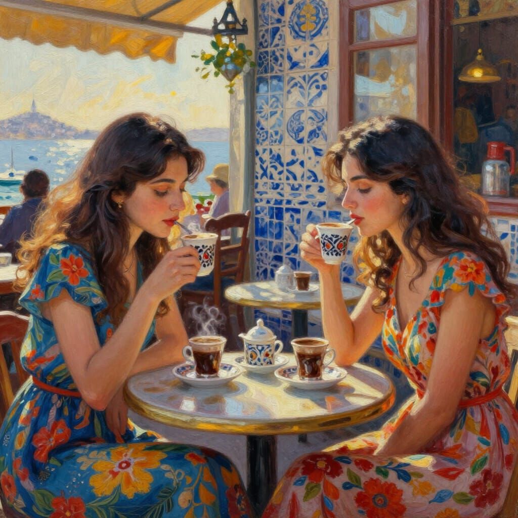 Turkish Girls Enjoying Coffee in Istanbul Cafe