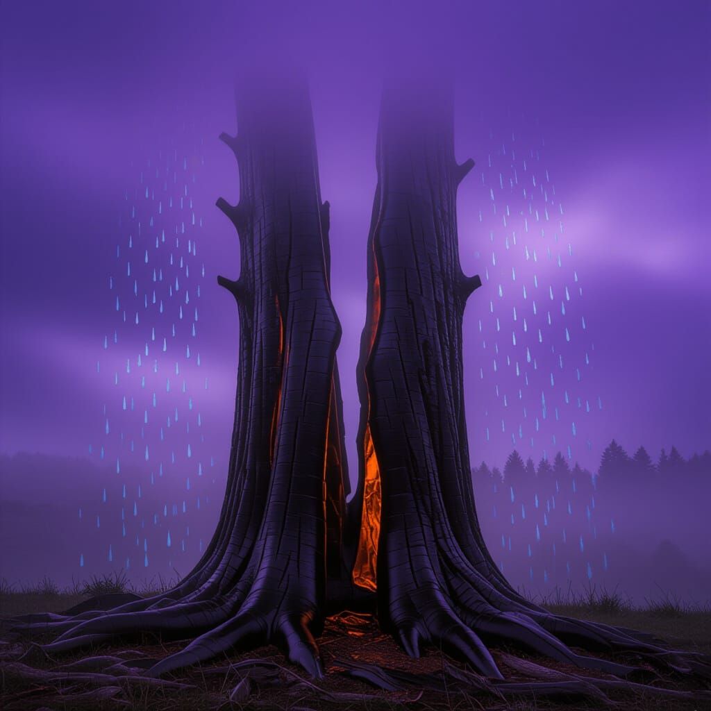 Charred Split Tree Under Purple Gumdrop Rain Clouds