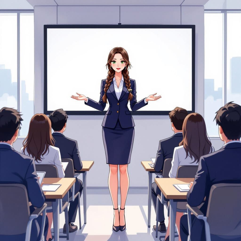 Japanese Woman Presents in Modern Office