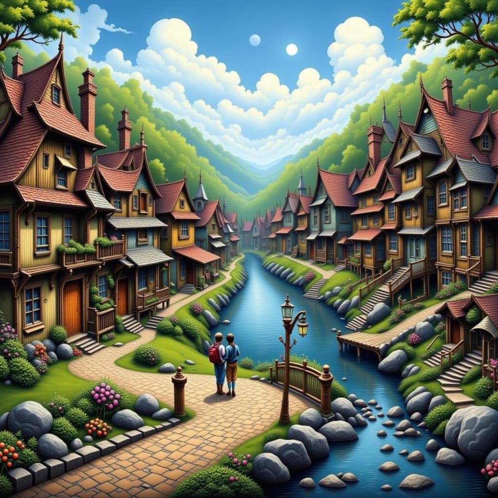 Dreamy Riverside Village in Impressionist Style