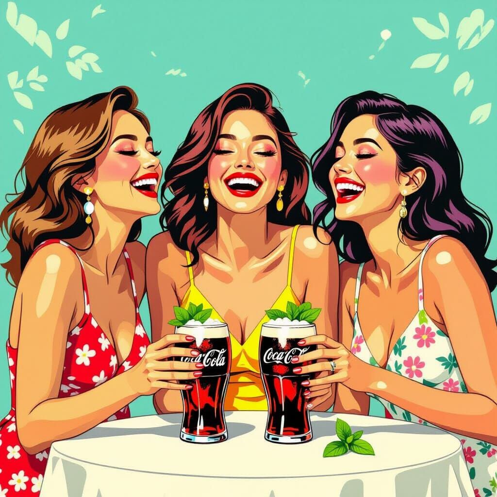 Women Laughing with Overflowing Coca-Cola in Whimsical Style