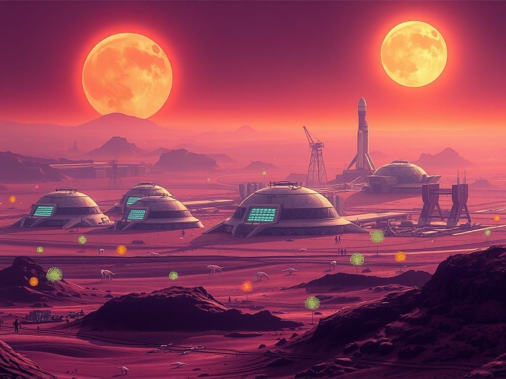 Cosmic Human Metropolis on Deep Purple Desert Planet