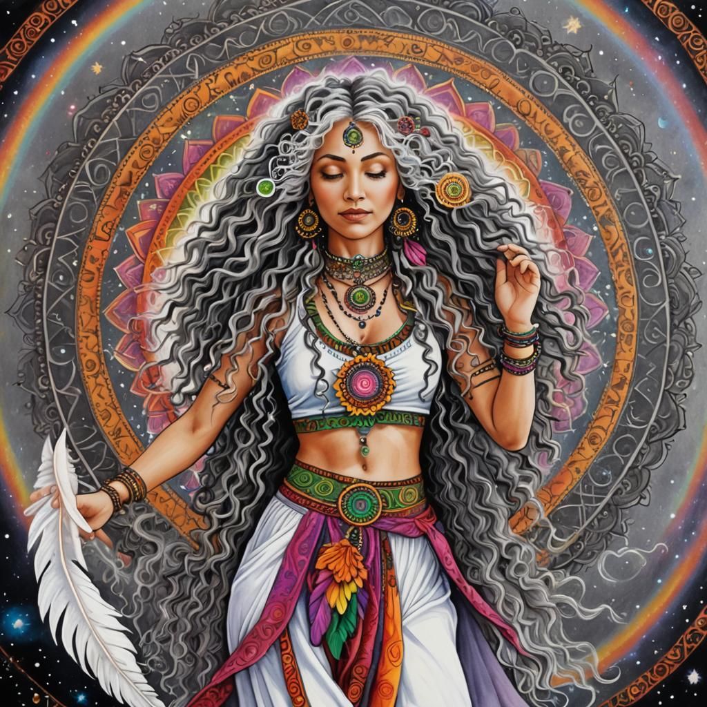 Cosmic Woman Dancing in Rainbow Mandala
