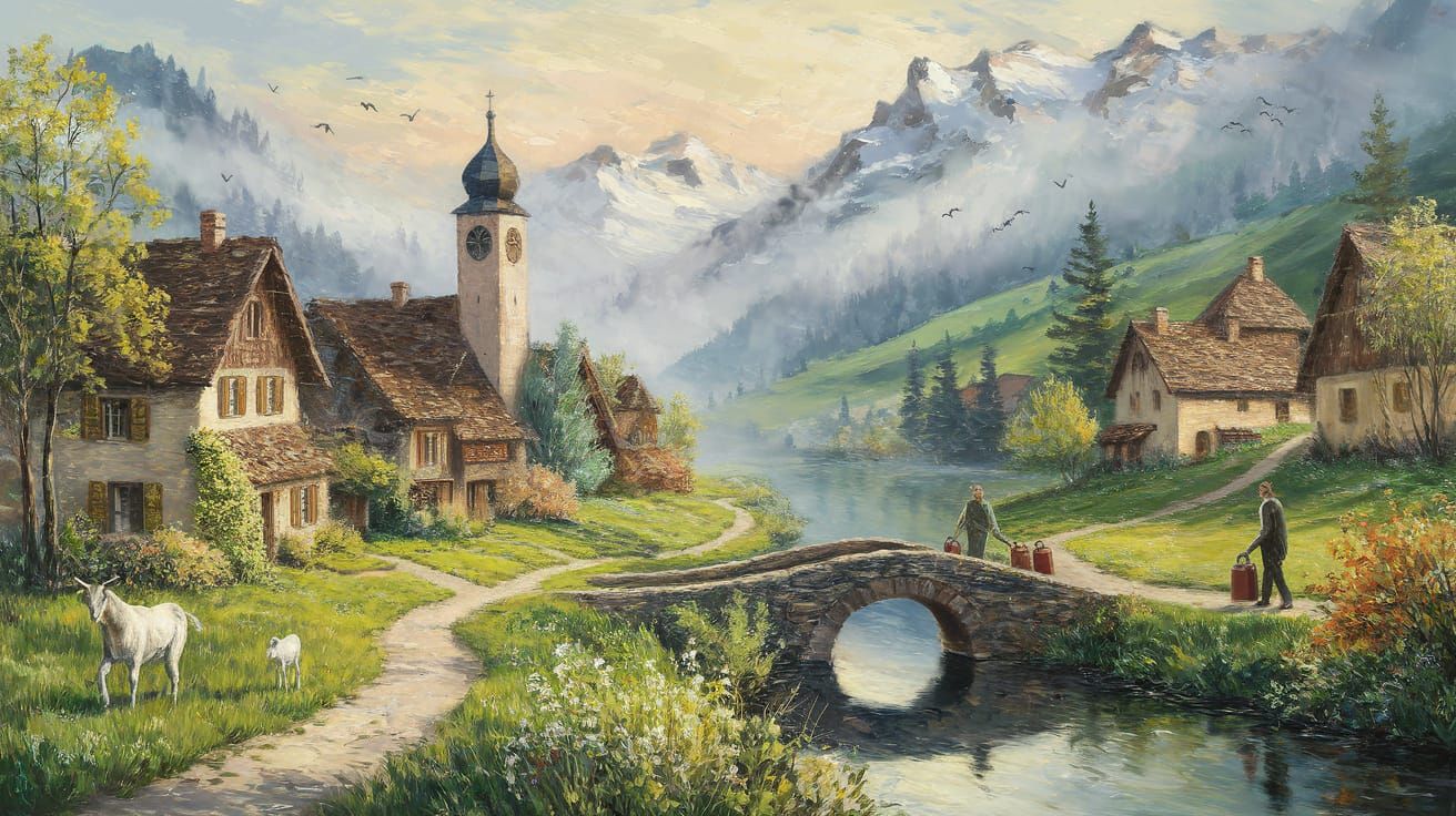 Idyllic Mountain Village in Impressionist Style