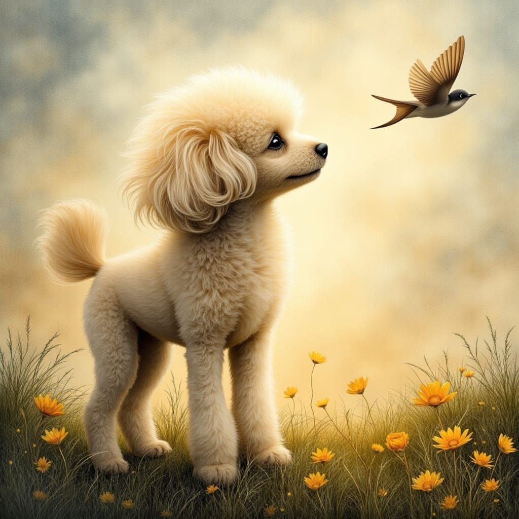 Cute Poodle Puppy Chasing Swallow, Pastel Acrylic