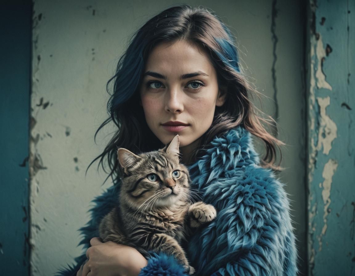 Woman with Cat and Blue Fur