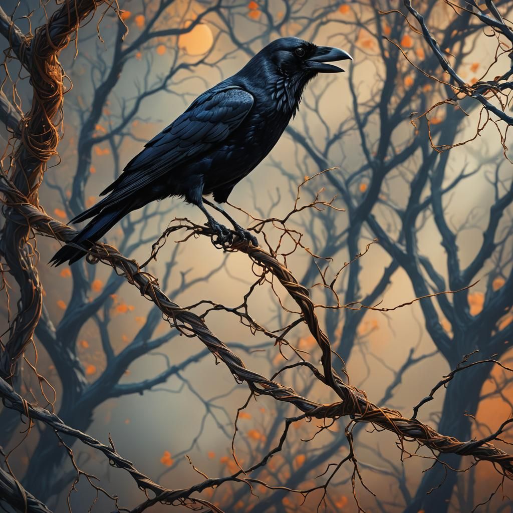 String Crow Perched on Branch, Matte Painting