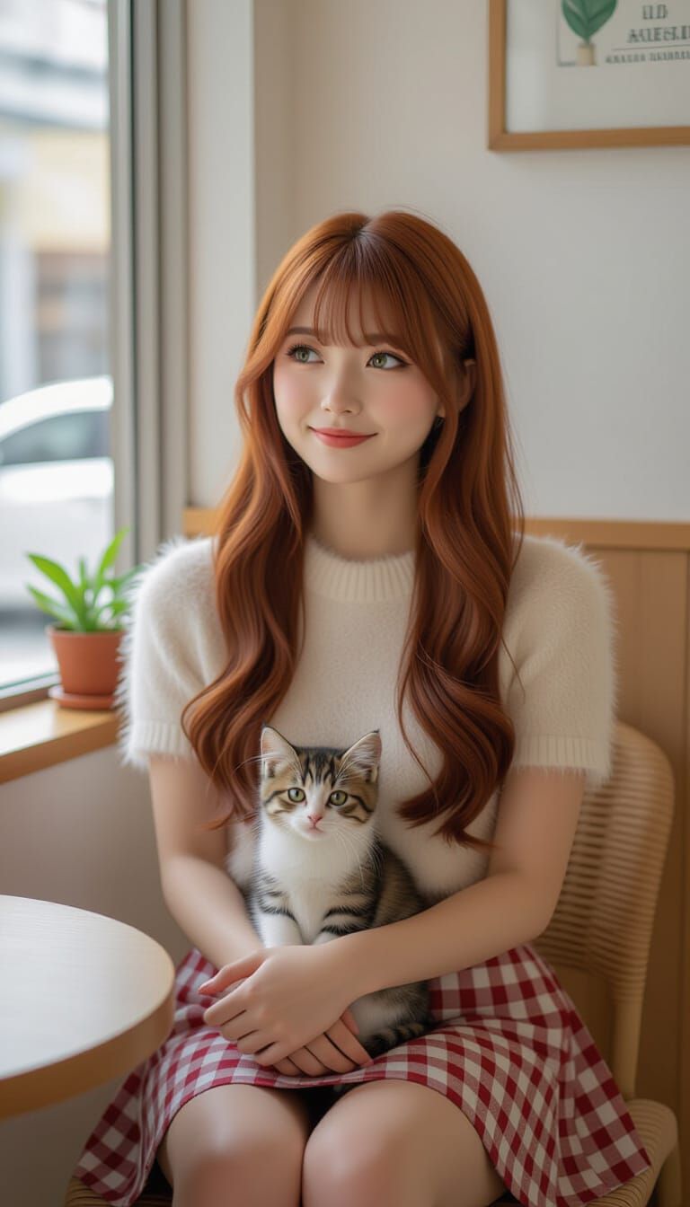 Japanese Woman with Kitten in Cat Cafe